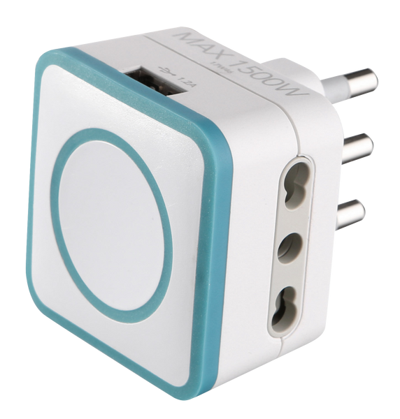 Adattatore Triplo 2 Prese 10/16A e 1 USB Output 1.2A, Spina 16A, Grigio/ Verde/ Blu