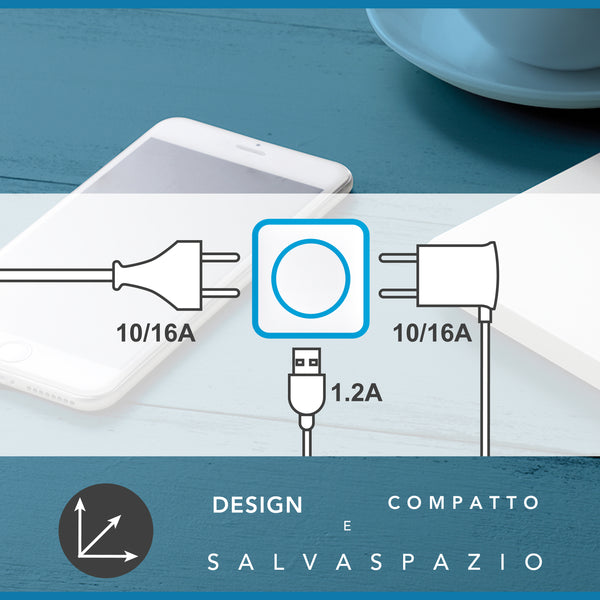 Adattatore Triplo 2 Prese 10/16A e 1 USB Output 1.2A, Spina 16A, Grigio/ Verde/ Blu