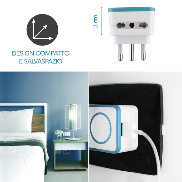 Adattatore Triplo 2 Prese 10/16A e 1 USB Output 1.2A, Spina 16A, Grigio/ Verde/ Blu