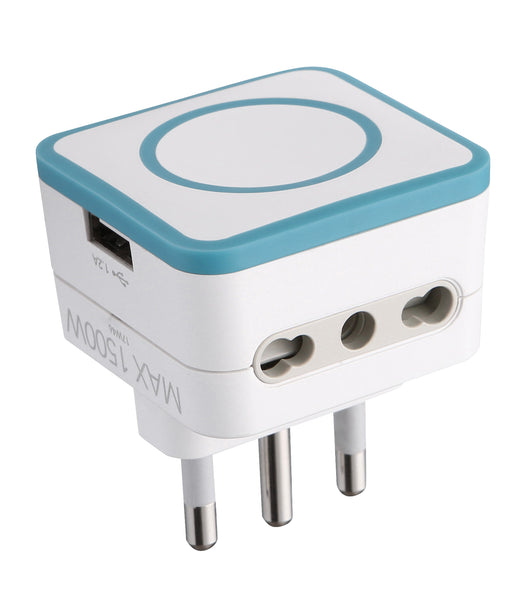 Adattatore Triplo 2 Prese 10/16A e 1 USB Output 1.2A, Spina 16A, Grigio/ Verde/ Blu