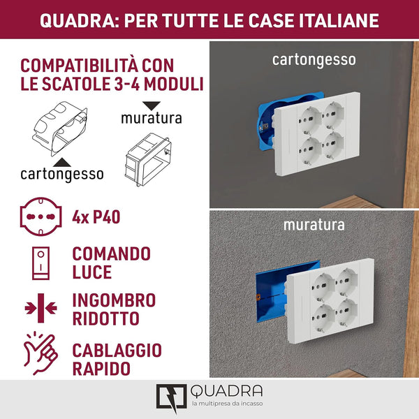 Multipresa da incasso Quadra 4 Posti Universali P40, compatibile con tutte le scatole da incasso 3 e 4 posti, Con interruttore/Deviatore, Bianco/Nero