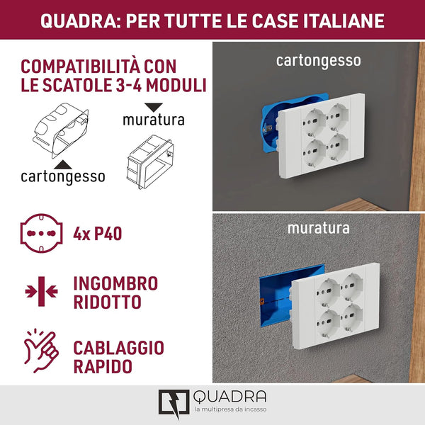 Multipresa da incasso Quadra 4 Posti Universali P40, compatibile con tutte le scatole da incasso 3 e 4 posti (muratura o cartongesso), Bianco/Nero