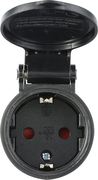 Presa Professionale Schuko, Protezione IP54, con Tappo con Chiusara a Molla Automatica per Consentire Operazione a Mano, Colori: Nero; Rosso/Nero