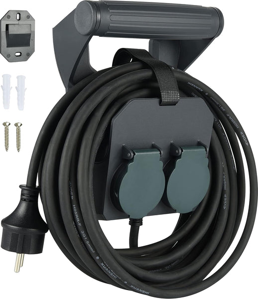 Prolunga elettrica Professionale 10m, IP44, 2 prese Schuko con tappi a chiusura automatica, Maniglia ergonomica con Avvolgi Prolunga, Avvolgicavo, Cavo H05RR-F 3G1.5, Nero