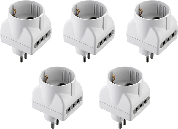 Set 5 Adattatori 3 Posti 1 Schuko + 2 10A, Bianco, Confezione da 5