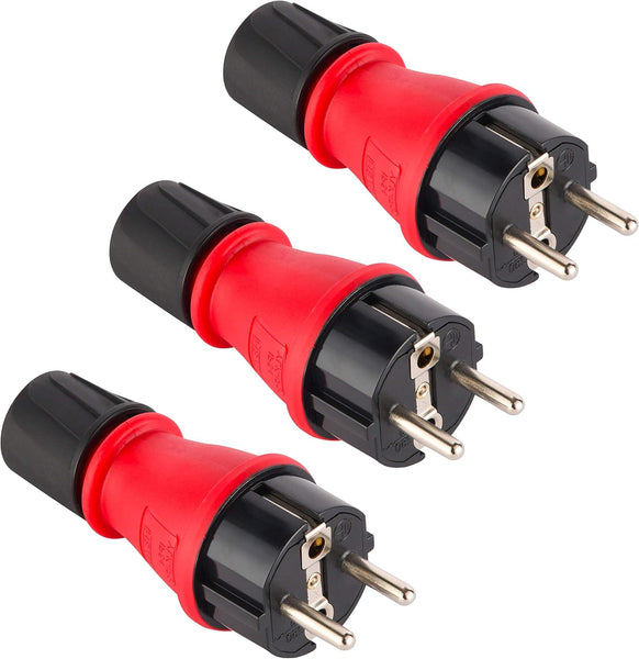 Confezione da 3 Spine Professionali Schuko, Protezione IP54, con Ghiera di Bloccaggio Cavo per Facilitare il Cablaggio, Rosso