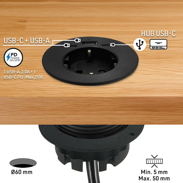 Multipresa Scrivania/Presa da Incasso Grommet da Tavolo con Power Delivery 25W 2 USB (1 di tipo C+ 1 di tipo A) + 1 HUB USB-C 2M, D60mm, 1 Presa Schuko + Spina Schuko