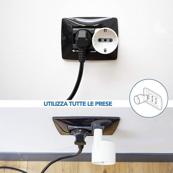 Set di 4 Adattatori Speciali Disassata Salvaspazio da Schuko a Spina Italiana Grande 16A, Nero