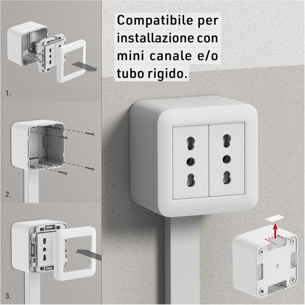 Contenitore da superficie FIXA con due prese bivalenti (10/16A), Nero/ Bianco, IP40, compatibile per installazione con tubo rigido e canalina