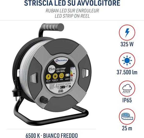 Electraline 49249 Striscia LED 25M, IP65, con Avvolgicavo, 37500 Lumen, 6500K, cavo 1,5m H05RN-F, Spina EU 16A IP44 Nero/Grigio