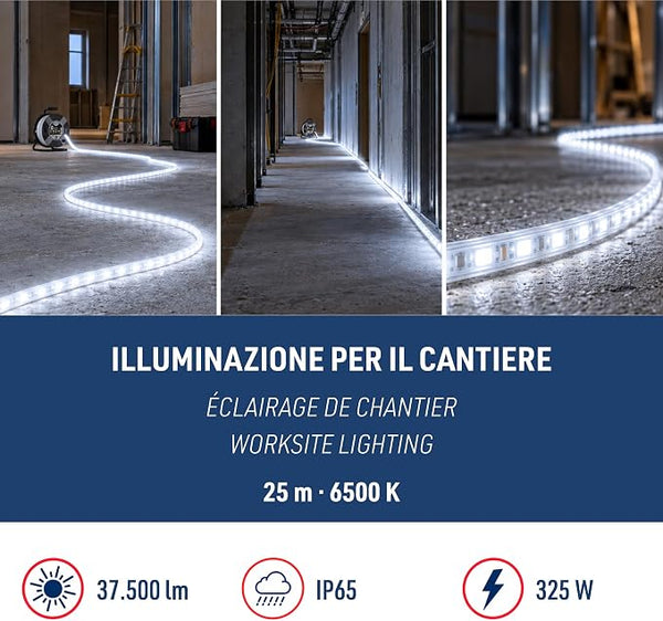 Electraline 49249 Striscia LED 25M, IP65, con Avvolgicavo, 37500 Lumen, 6500K, cavo 1,5m H05RN-F, Spina EU 16A IP44 Nero/Grigio