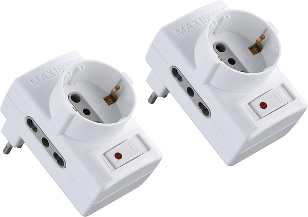 Set 2 Adattatore triplo salvaspazio 2 prese bivalenti 10/16A e 1 schuko spina piccola 10A con interruttore riduttore