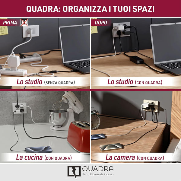 Multipresa da incasso Quadra 4 Posti Universali P40 + 2 USB-C, compatibile con tutte le scatole da incasso 3 posti (muratura o cartongesso)