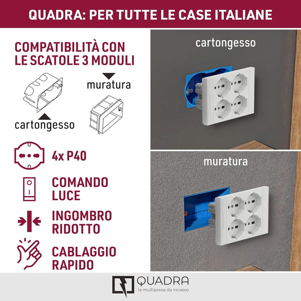 Multipresa da incasso Quadra 4 Posti Universali P40, compatibile con tutte le scatole da incasso 3 posti 503, Con interruttore/Deviatore, Bianco/Nero