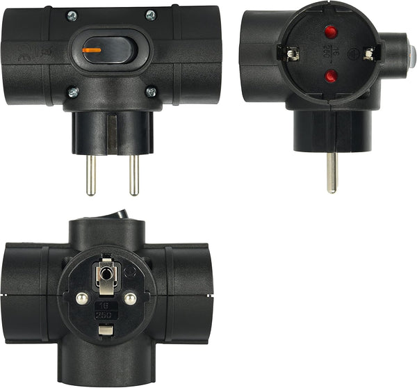 Adattatore Triplo 3 prese laterali, Spina tedesca, Multipresa 3 posti schuko, con interruttore ON/OFF Bianco/Nero