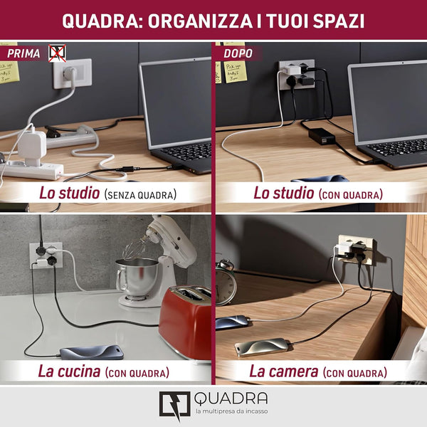Multipresa da incasso Quadra 4 Posti Universali P40, compatibile con tutte le scatole da incasso 3 e 4 posti, Con interruttore/Deviatore, Bianco/Nero