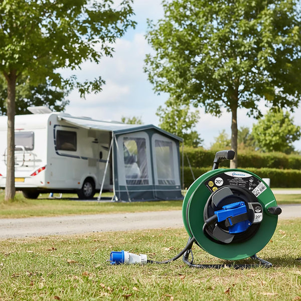 Prolunga con Avvolgicavo 20m per camper, campeggio, caravan, IP44, 2 prese (industriale+Schuko), Cavo AT-N07V3V3-F Sezione 3G2.5