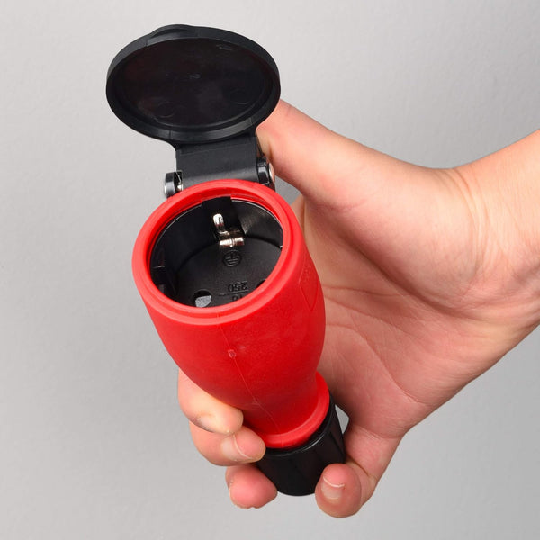Presa Professionale Schuko, Protezione IP54, con Tappo con Chiusara a Molla Automatica per Consentire Operazione a Mano, Colori: Nero; Rosso/Nero