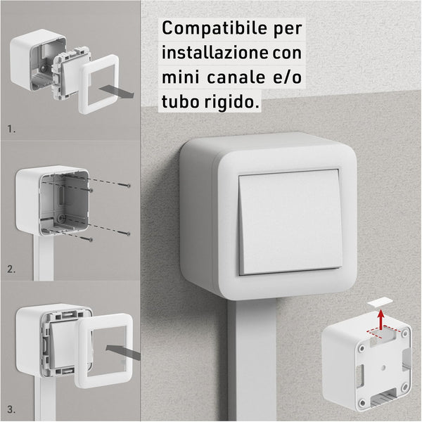 Contenitore da superficie con interruttore/deviatore FIXA, 10A, IP40, compatibile per installazione con tubo rigido e canalina, Bianco/ Nero