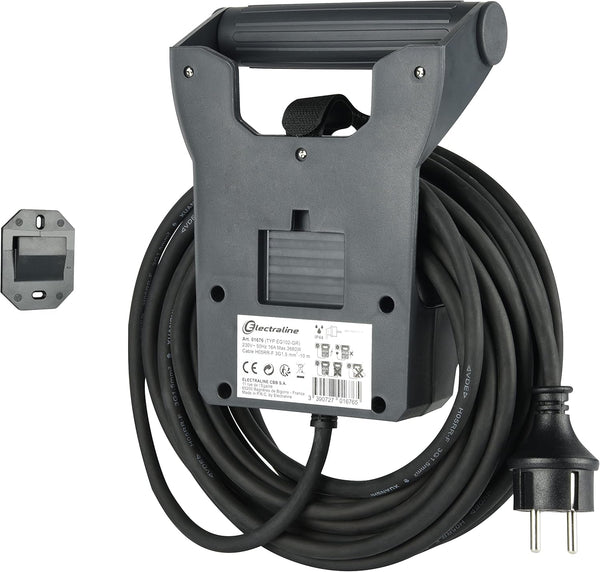 Prolunga elettrica Professionale 10m, IP44, 2 prese Schuko con tappi a chiusura automatica, Maniglia ergonomica con Avvolgi Prolunga, Avvolgicavo, Cavo H05RR-F 3G1.5, Nero