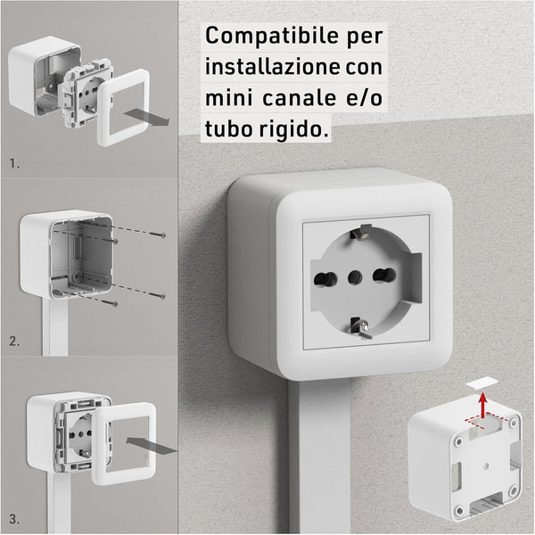 Contenitore da superficie FIXA con presa P40 (Schuko+10/16A), Bianco/ Nero, IP40, compatibile per installazione con tubo rigido e canalina
