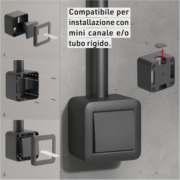 Contenitore da superficie con interruttore/deviatore FIXA, 10A, IP40, compatibile per installazione con tubo rigido e canalina, Bianco/ Nero