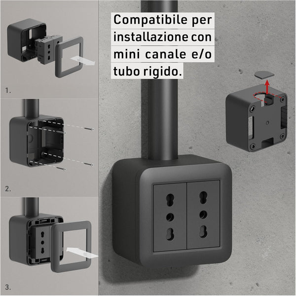 Contenitore da superficie FIXA con due prese bivalenti (10/16A), Nero/ Bianco, IP40, compatibile per installazione con tubo rigido e canalina