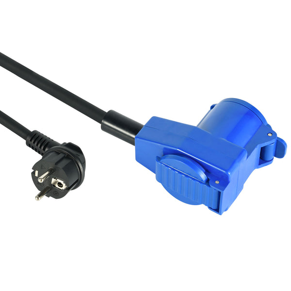 Electraline 55092 Adattatore da campeggio 1.5 M, Prolunga in gomma IP44 H07RN-F 3G1.5 con doppia presa (1 CEE + 1 Schuko), Spina Schuko adatta per Camper, Campeggio, Caravan, Barca, cantiere, Nero