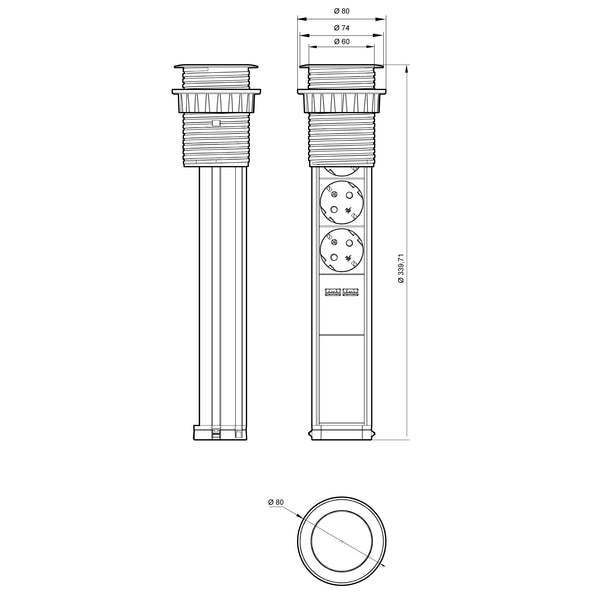 Multipresa Tower da Scrivania a incasso 3 Posti + 2 USB 2.4A, Diametro Standard 60mm