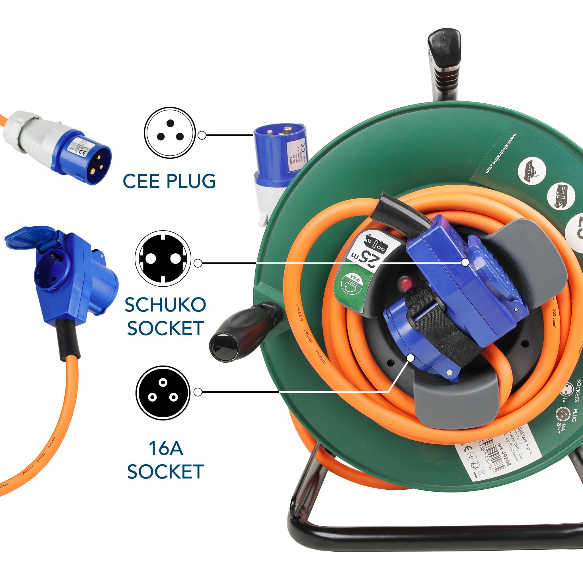 Electraline 49049 Prolunga in Gomma con Avvolgicavo 25 m, 2 Prese Industriali IEC, Spina a 3 Poli CEE Adatto per Camper, Campeggio, Caravan, Barca, Can, Nero/Blu Electraline 49049 Prolunga in Gomma con Avvolgicavo 25 m, 2 Prese Industriali IEC, Spina a 3 Poli CEE Adatto per Camper, Campeggio, Caravan, Barca, Can, Nero/Blu