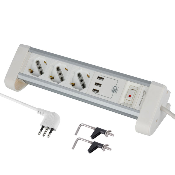 Multipresa da Scrivania 3 Posti Polivalenti, Schuko + 10/16 A, con 3 USB 3.4 A, con Supporti per Fissaggio alla Scrivania Bianco/Argento