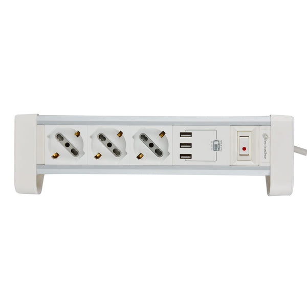 Multipresa da Scrivania 3 Posti Polivalenti, Schuko + 10/16 A, con 3 USB 3.4 A, con Supporti per Fissaggio alla Scrivania Bianco/Argento