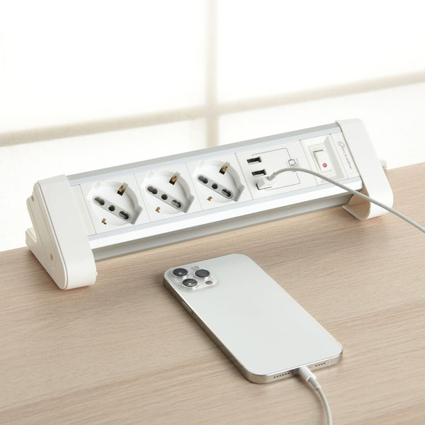 Multipresa da Scrivania 3 Posti Polivalenti, Schuko + 10/16 A, con 3 USB 3.4 A, con Supporti per Fissaggio alla Scrivania Bianco/Argento