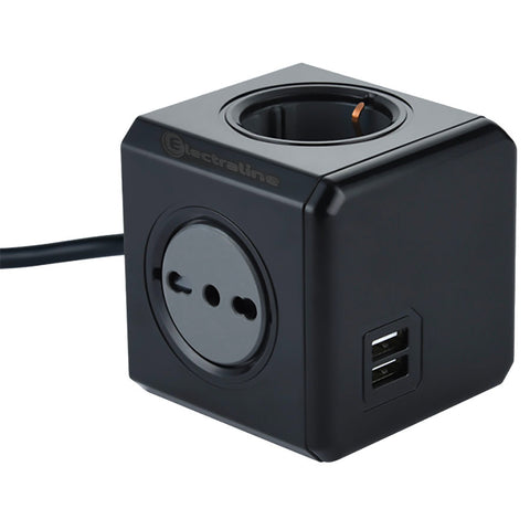 Multipresa Cubo PowerCube 4 Posti, 2 USB 2.1A, Cavo 1,5 Metri, Nero