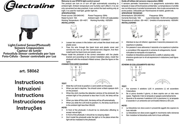 Electraline 58062 Interruttore Crepuscolare per Uso Esterno IP44