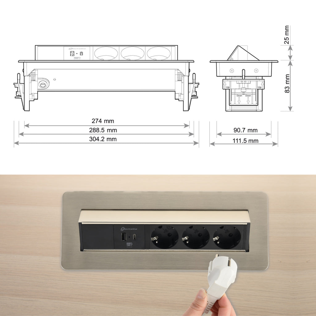 Presa a scomparsa, Ohuo Multipresa da scrivania a scomparsa con USB C 20W,  3 Presa a scomparsa top cucina, cavo 2m : : Fai da te